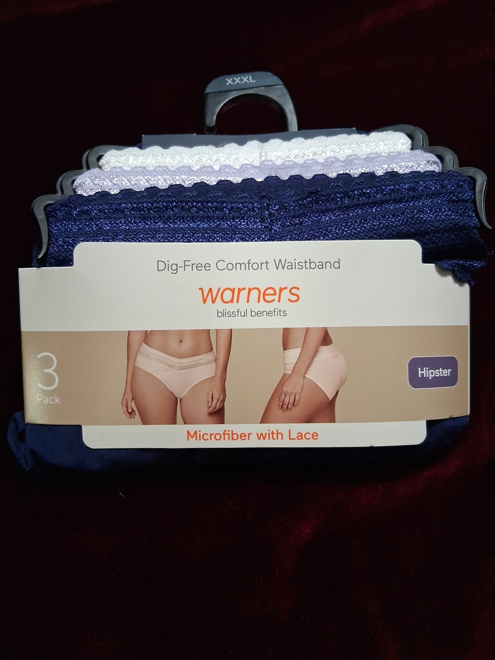 Warners Navy, Lavender, White Microfiber Lace Hipster Panties - 3 Pack